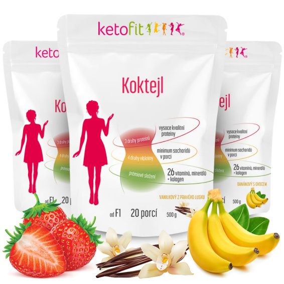 3 premium koktejly Ketofit Banán+Jahoda+Vanilka (celkem 60 porcí)